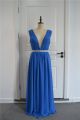 Beautiful Ruched Royal Blue A Line Prom Party Dress Deep V Neck Open Back With Crystals