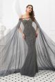 Stunning Strapless Crystal Beaded Grey Tulle Long Mermaid Prom Evening Dress With Cape