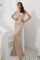 Gorgeous High Neck Cold Shoulder Sheer Back Crystal Beaded Champagne Mermaid Prom Evening Dress With Fringe