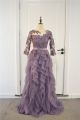 Beautiful Ball Gown Ruffled Prom Party Dress Illusion Neckline 3 4 Sleeves Purple Lace