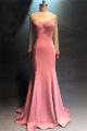 Elegant Illusion Neckline Long Sleeve See Through Back Crystal Beaded Pink Mermaid Prom Evening Dress 