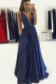 Simple Sexy A Line Deep V Neck Navy Blue Taffeta Long Evening Dress 