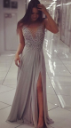 Sexy A Line Illusion Neckline Side Slit Grey Chiffon Prom Evening Dress With Crystals