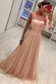 Elegant A Line Scoop Long Sleeve Pearl Beaded Pink Tulle Prom Evening Dress 