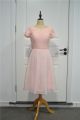Beautiful A Line Bridesmaid Dress Scoop Short Sleeves Pink Lace Chiffon