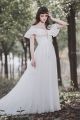 Romantic Scoop Ruffled Sleeve White Chiffon Crystal Beaded A Line Wedding Dress With Buttons