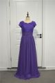 Modest A Line Prom Party Dress Queen Anne Neckline Short Sleeves Purple Lace Chiffon