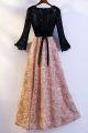 Modest Scoop Long Sleeve Black Lace Bodice Champagne Skirt Two Tone Prom Evening Dress With Flowers