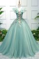 Romantic Ball Gown V Neck Ruffles Cap Sleeve Green Tulle Prom Party Dress With Appliques   