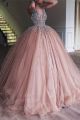 Gorgeous Ball Gown Deep V Neck Blush Pink Tulle Prom Party Dress With Crystals