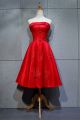 Strapless Corset A Line Tea Length Red Satin Prom Evening Dress With Appliques