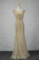 Elegant Long Mermaid Gold Tulle Beaded Prom Evening Dress Cap Sleeves Open Back