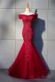 Elegant Off The Shoulder Corset Beaded Embroidery Red Mermaid Prom Evening Dress 
