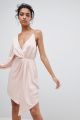 Beautiful Short Mini Sheath V Neck One Shoulder Long Sleeve Pink Woman Casual Dress