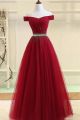 Beautiful A Line Off The Shoulder Ruched Red Tulle Prom Party Dress With Crystals 
