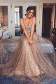 Gorgeous A Line Sequined Champagne Tulle Prom Party Dress With Straps