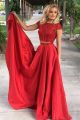 Beautiful Two Piece A Line Boat Neckline Cap Sleeve Red Prom Party Dress With Crystals