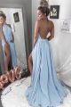 Sexy A Line Halter Backless High Slit Blue Prom Party Dress