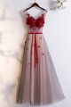 Elegant V Neck Corset Grey Tulle A Line Prom Evening Dress With Red Appliques