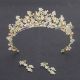 Stunning Crystal Pearl Gold Leaf Prom Homecoming Tiara Crown With Earrings