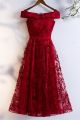 Elegant Off The Shoulder Corset Red Lace A Line Tea Length Prom Evening Dress 