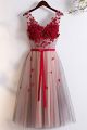 Elegant V Neck Corset Grey Tulle A Line Tea Length Prom Evening Dress With Red Appliques