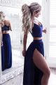Fashion Two Piece A Line V Neck High Slit Royal Blue Chiffon Prom Evening Dress 