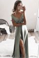 Fashion A Line V Neck Off The Shoulder Side Slit Dusty Green Prom Evening Dress 