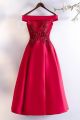 Elegant Off The Shoulder Corset Pearl Beaded Red A Line Tea Length Prom Evening Dress With Appliques
