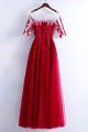 Stunning Bateau Neckline Corset Half Sleeve Beaded A Line Red Tulle Prom Evening Dress With Appliques