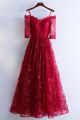 Romantic Off The Shoulder Half Sleeve A Line Red Lace Prom Evening Dress 