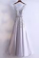 Romantic V Neck Corset Beaded Grey A Line Prom Evening Dress With Appliques