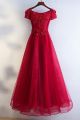 Romantic Off The Shoulder Short Sleeve Red Lace Prom Evening Dress With Pearl Beaded Appliques