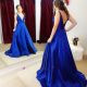 Simple A Line Deep V Neck Long Royal Blue Taffeta Prom Evening Dress Low Back