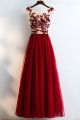 Scoop Cap Sleeve Red Lace Tulle A Line Two Tone Prom Evening Dress With Beaded Appliques