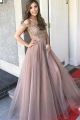 Romantic A Line Off The Shoulder Dusty Rose Organza Crystal Beaded Prom Evening Dress