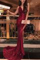 Gorgeous Burgundy Sequined Prom Evening Dress Mermaid V Neck Side Slit