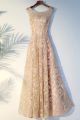 Elegant Scoop Sheer Back A Line Peach Lace Prom Evening Dress 
