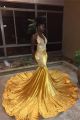 Gorgeous Gold Sequined Mermaid Prom Evening Dress V Neck With Silver Appliques