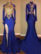 Royal Blue Mermaid Prom Evening Dress High Neck Cut Out Front Gold Appliques With Slit