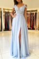 Elegant A Line Blue Prom Evening Dress Illusion Neckline Cold Shoulder Side Slit