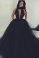 Sexy Ball Gown Deep V Neck Backless Black Tulle Prom Evening Dress