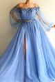 Elegant Ball Gown Off The Shoulder Long Sleeves Side Slit Blue Tulle Prom Evening Dress With Crystals