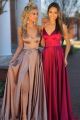 Stunning A Line V Neck Spaghetti Straps Dusty Rose Silk Prom Evening Dresses With Slit