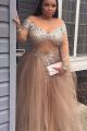 Sexy Champagne See Through Plus Size Prom Evening Dress Off The Shoulder Long Sleeves With Crystals
