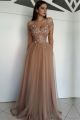 Elegant Beaded A Line Prom Evening Dress Off The Shoulder Dusty Rose Tulle With Appliques