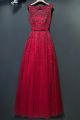 Elegant Boat Neckline Open Back Crystal Beaded Red Lace Prom Evening Dress With Bow