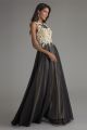 A Line Scoop Cap Sleeve Open Back Gold Appliques Black Chiffon Prom Evening Dress 