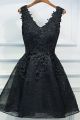 Sexy V Neck Corset Little Black Short Mini Lace Beaded Prom Evening Dress With Appliques