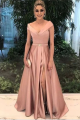 Elegant Pink A Line Prom Evening Dress V Neck Side Slit With Crystals